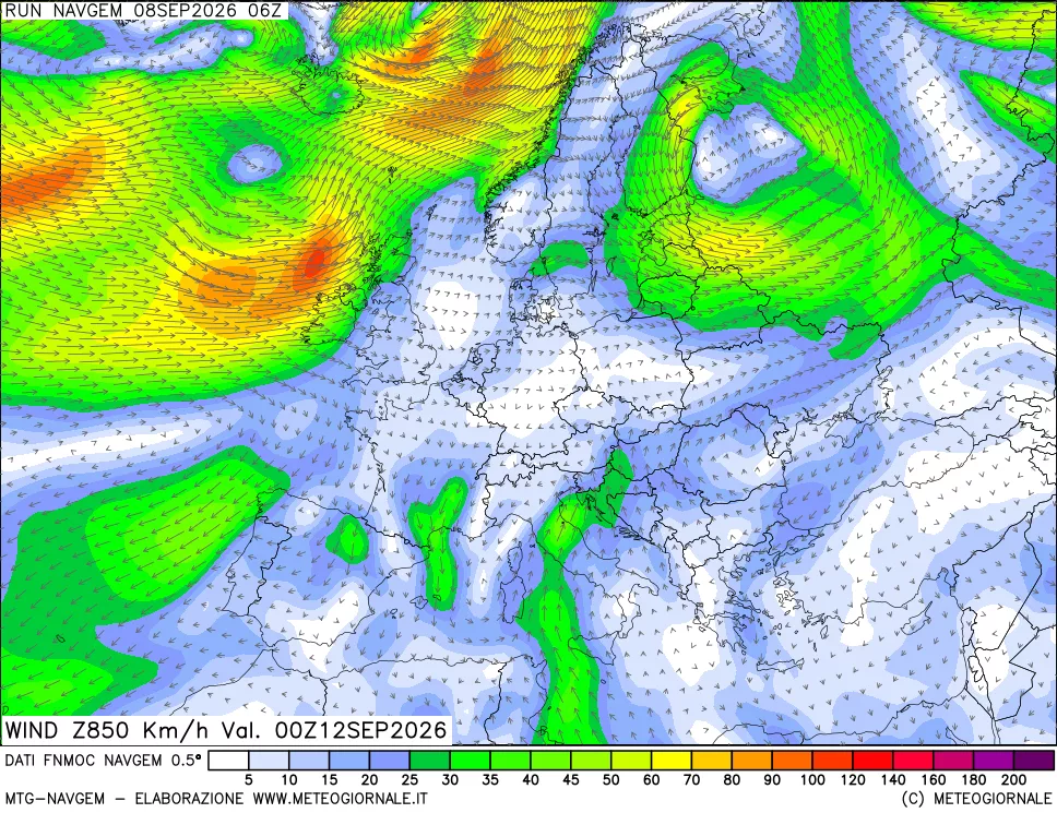 mappa Direzione e forza del vento a 850hPa
