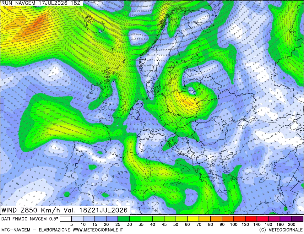 mappa Direzione e forza del vento a 850hPa