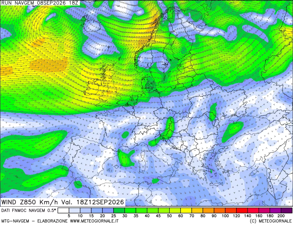 mappa Direzione e forza del vento a 850hPa