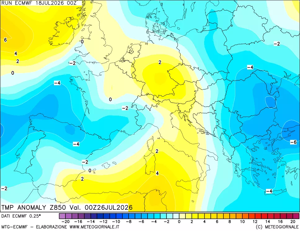 mappa 850 hPa Temp Anomaly vs Cli.No 1981-2010