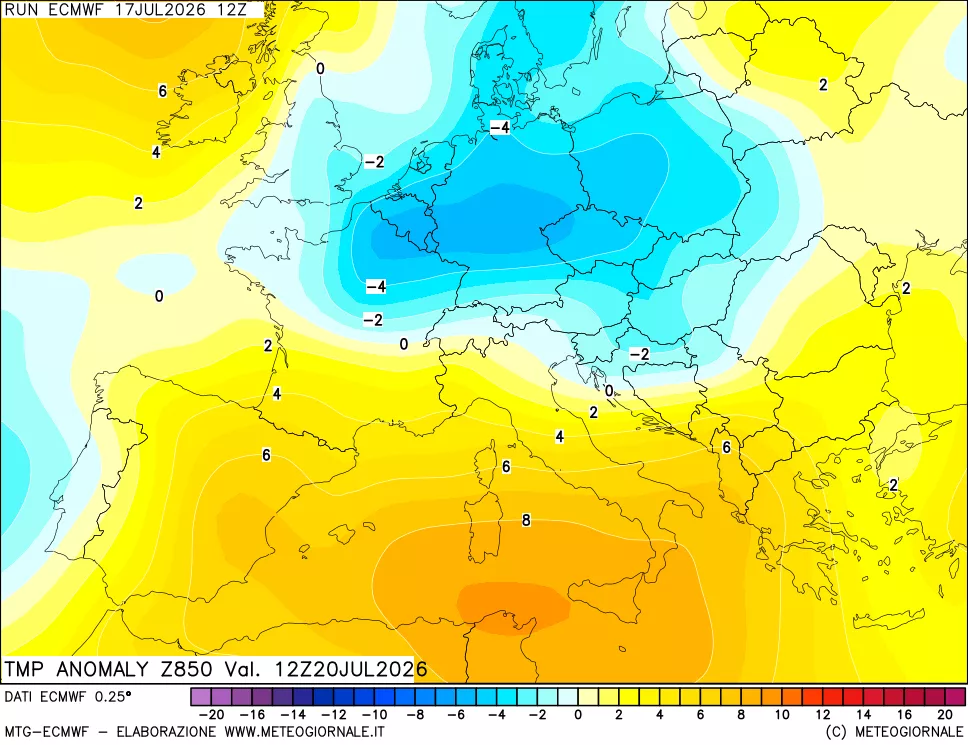 mappa 850 hPa Temp Anomaly vs Cli.No 1981-2010