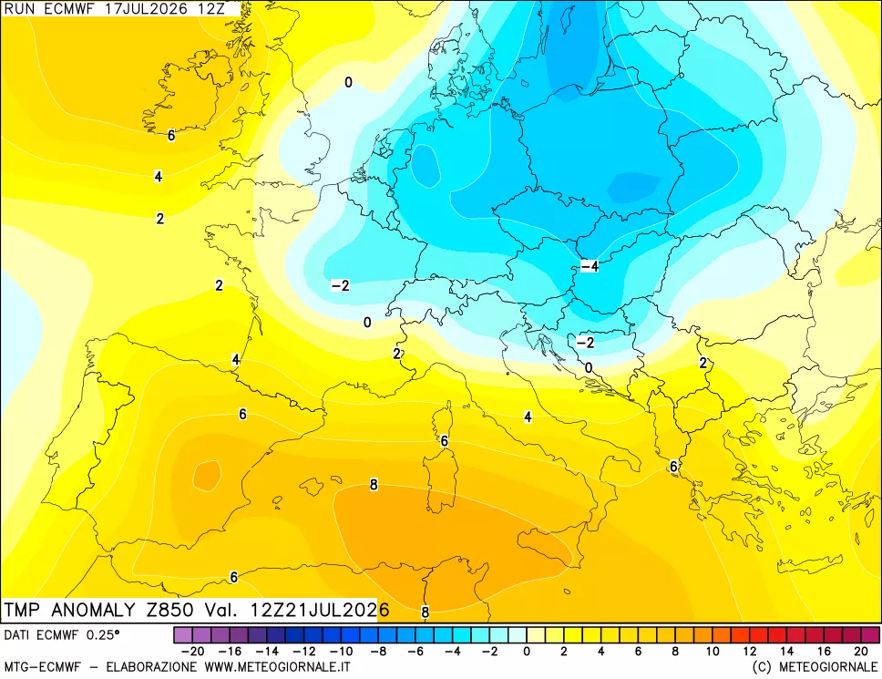 mappa 850 hPa Temp Anomaly vs Cli.No 1981-2010