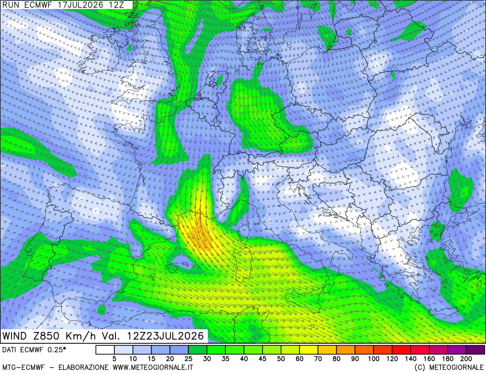 mappa Direzione e forza del vento a 850hPa
