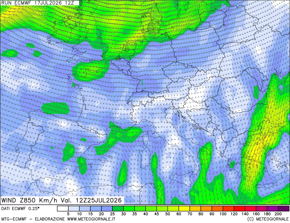 mappa Direzione e forza del vento a 850hPa