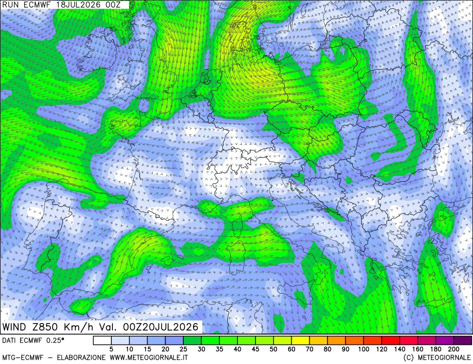 mappa Direzione e forza del vento a 850hPa