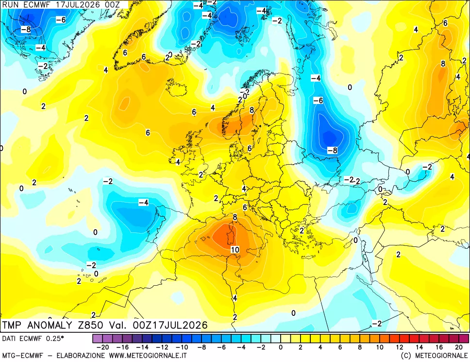 mappa 850 hPa Temp Anomaly vs Cli.No 1981-2010