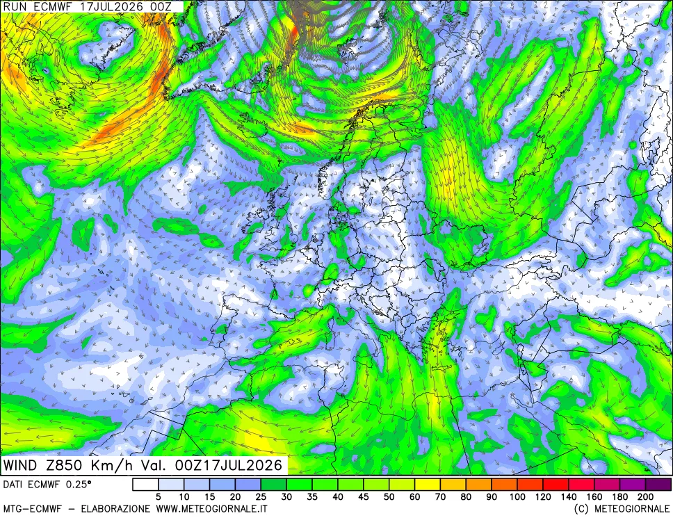 mappa Direzione e forza del vento a 850hPa