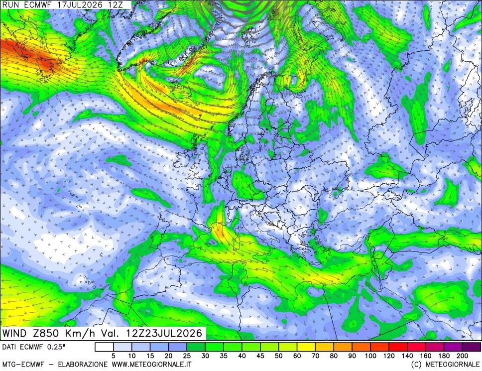 mappa Direzione e forza del vento a 850hPa