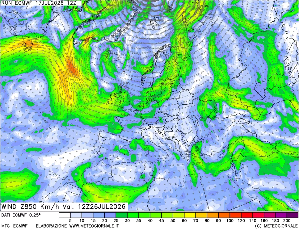mappa Direzione e forza del vento a 850hPa