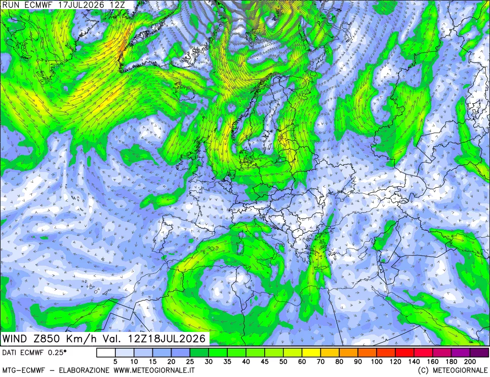 mappa Direzione e forza del vento a 850hPa