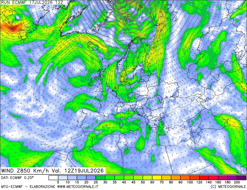 mappa Direzione e forza del vento a 850hPa