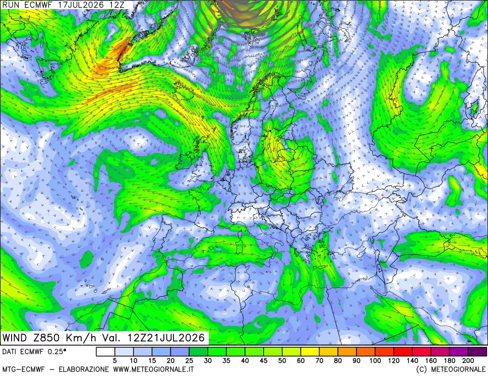 mappa Direzione e forza del vento a 850hPa