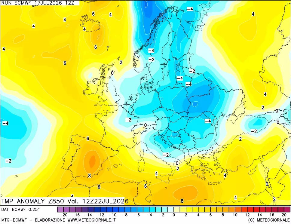mappa 850 hPa Temp Anomaly vs Cli.No 1981-2010