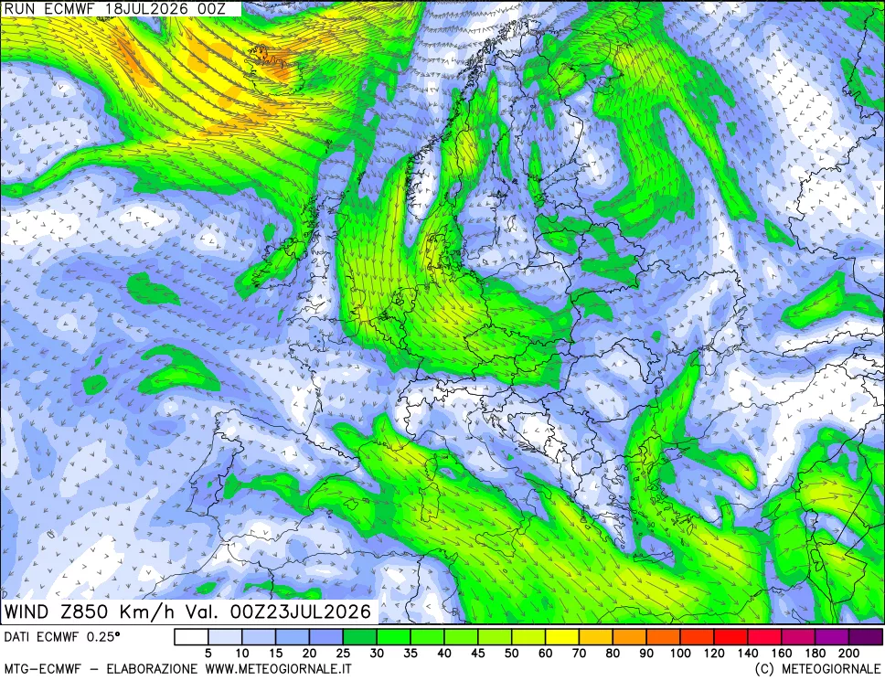 mappa Direzione e forza del vento a 850hPa