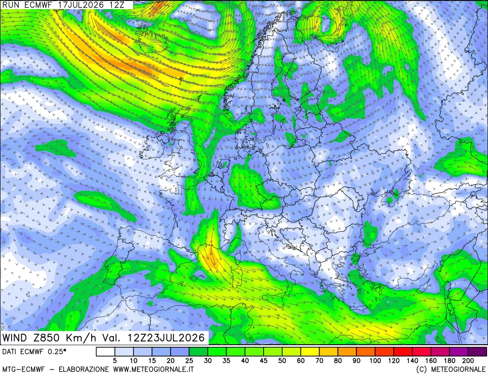 mappa Direzione e forza del vento a 850hPa