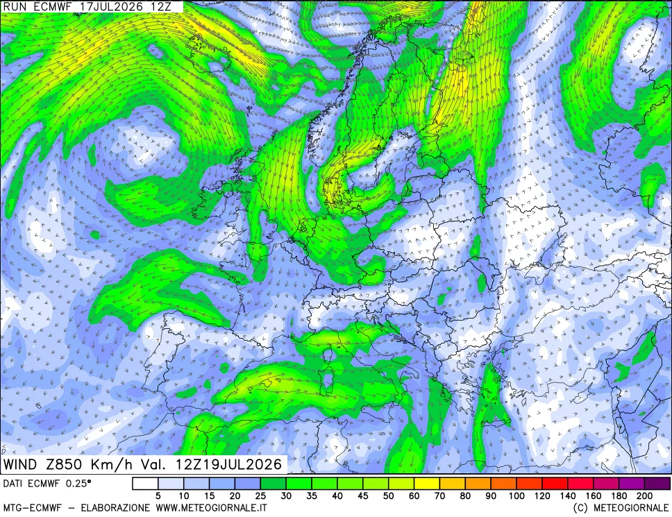 mappa Direzione e forza del vento a 850hPa