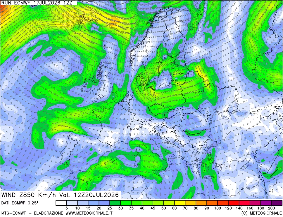 mappa Direzione e forza del vento a 850hPa