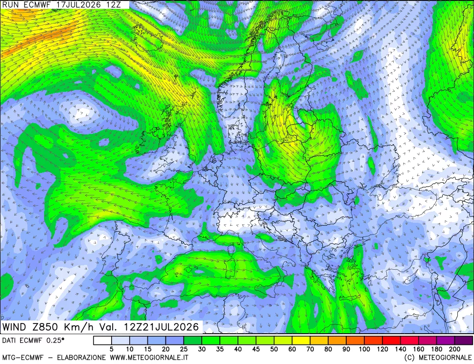 mappa Direzione e forza del vento a 850hPa