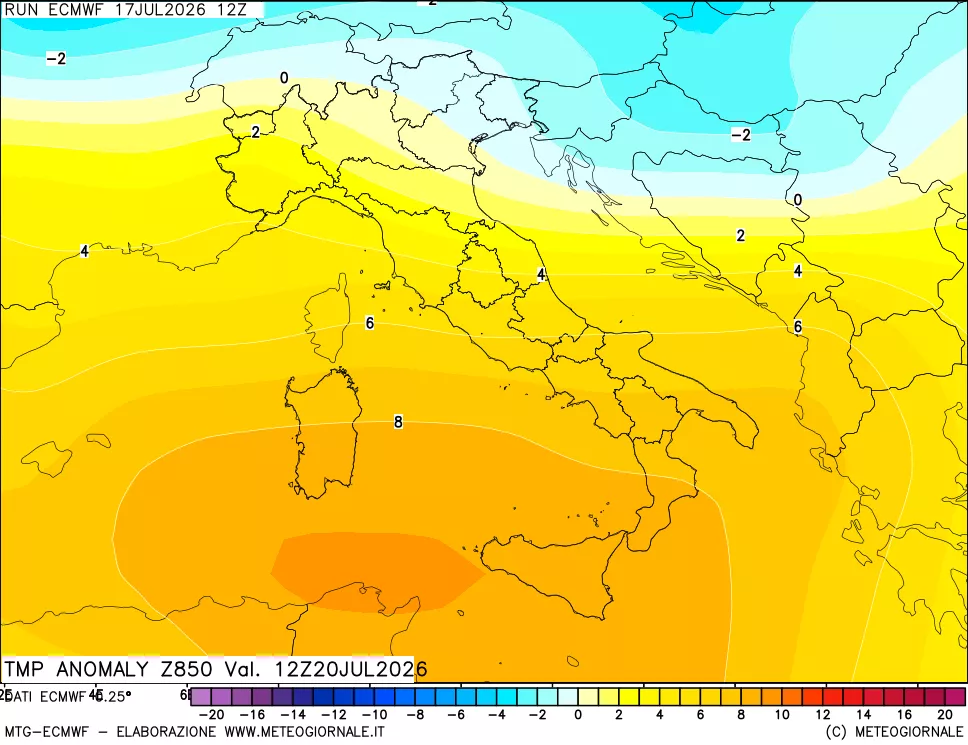 mappa 850 hPa Temp Anomaly vs Cli.No 1981-2010