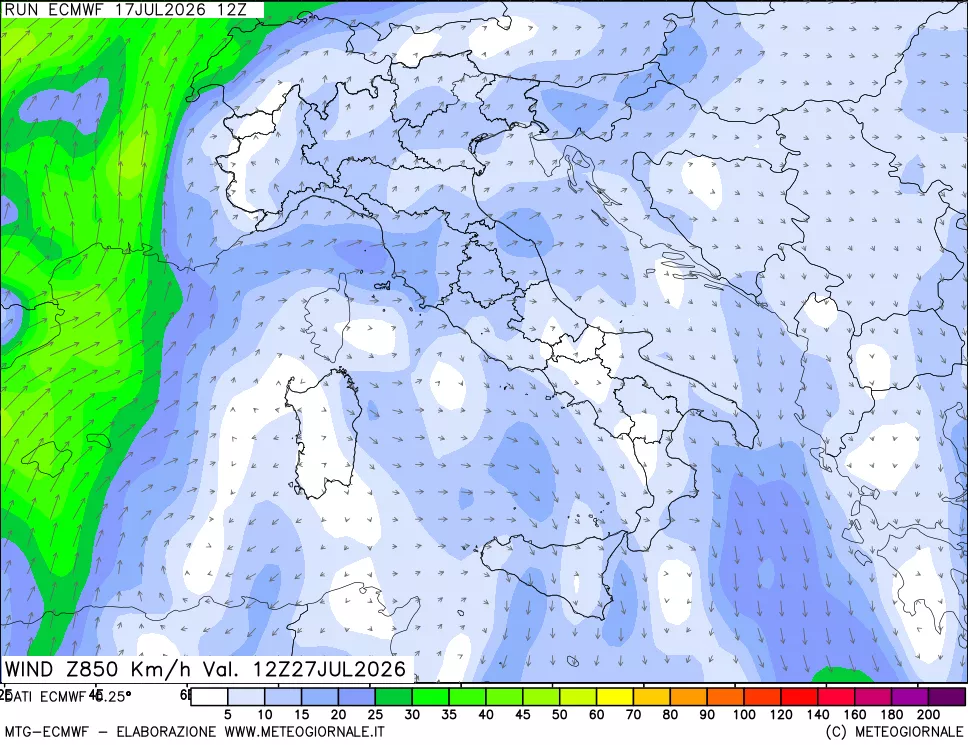 mappa Direzione e forza del vento a 850hPa