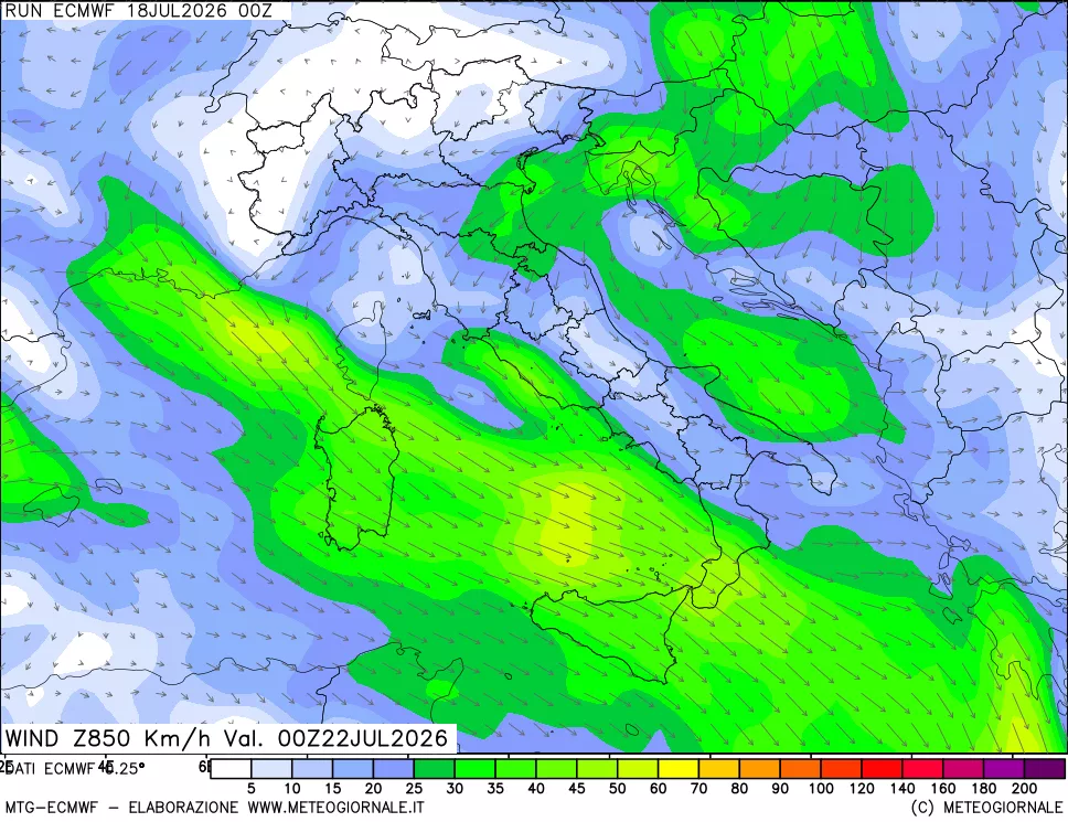mappa Direzione e forza del vento a 850hPa