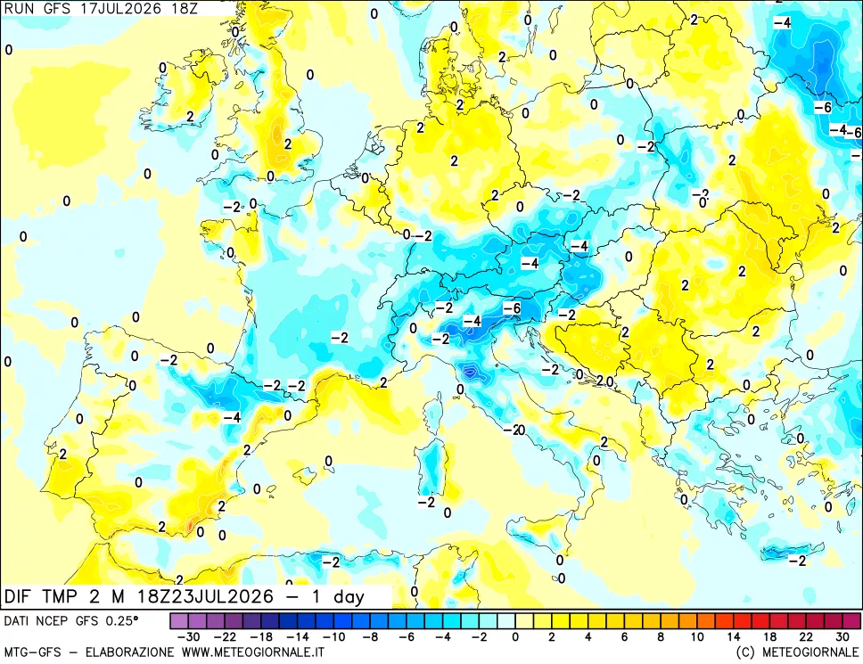 mappa Dif. Temp a 2 metri Valid - 1 day