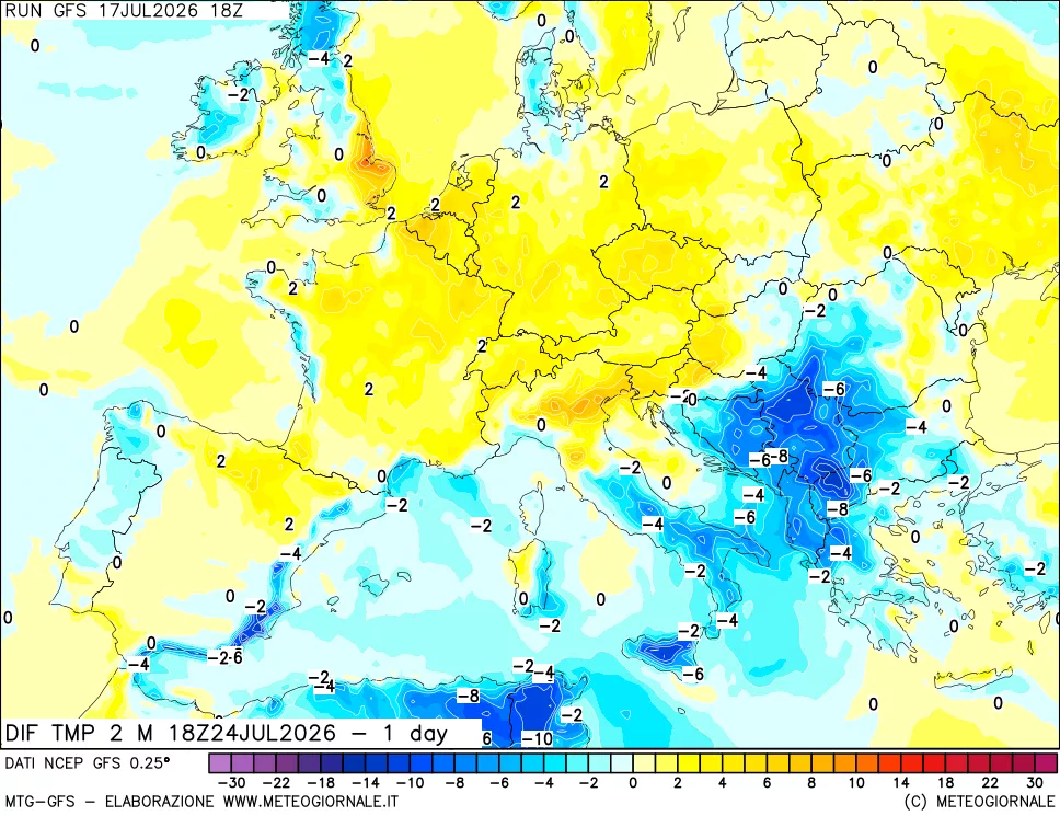 mappa Dif. Temp a 2 metri Valid - 1 day