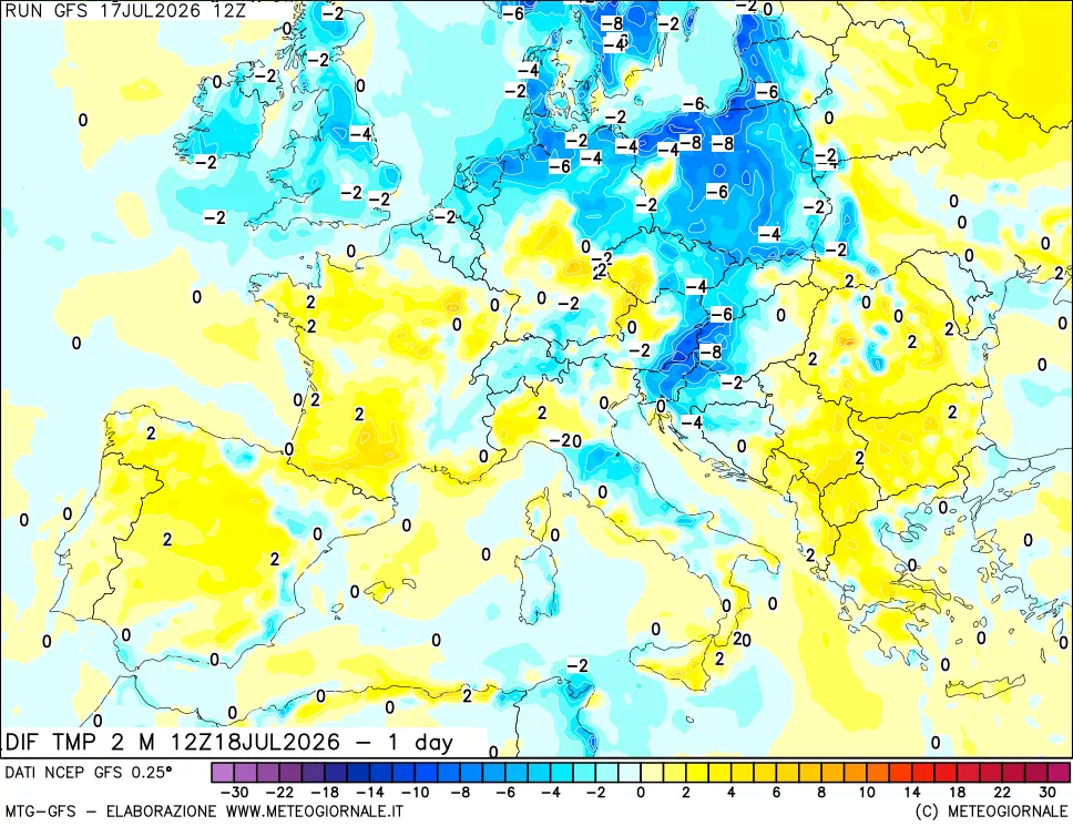 mappa Dif. Temp a 2 metri Valid - 1 day