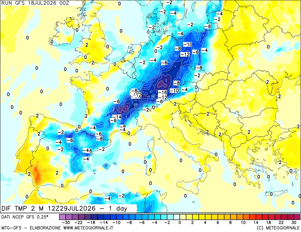 mappa Dif. Temp a 2 metri Valid - 1 day