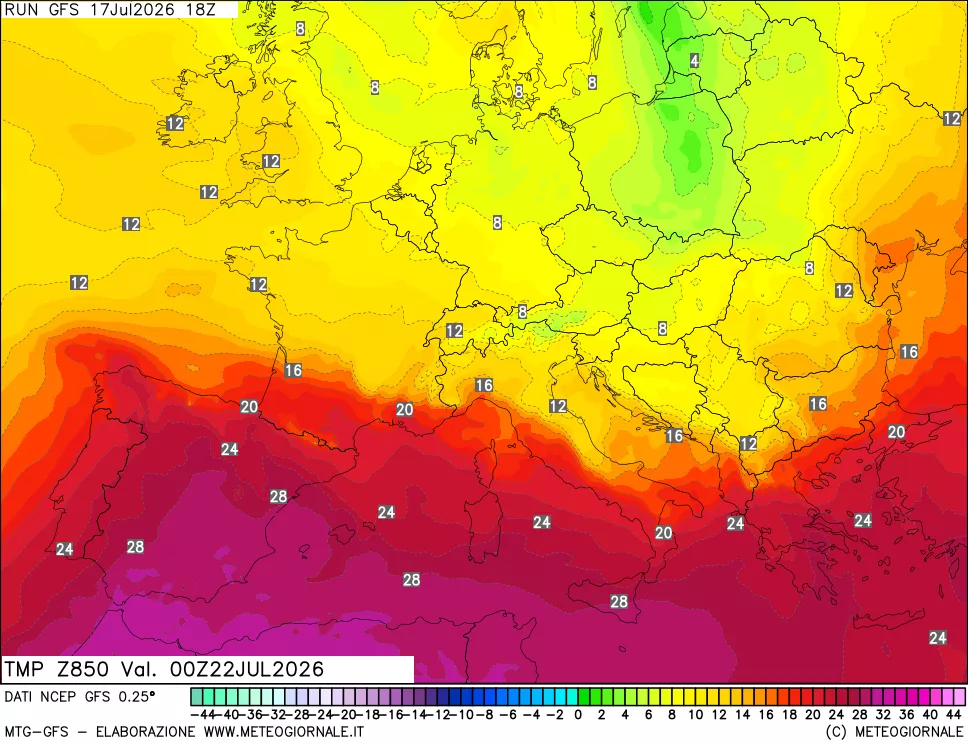 mappa 850 hPa Temp