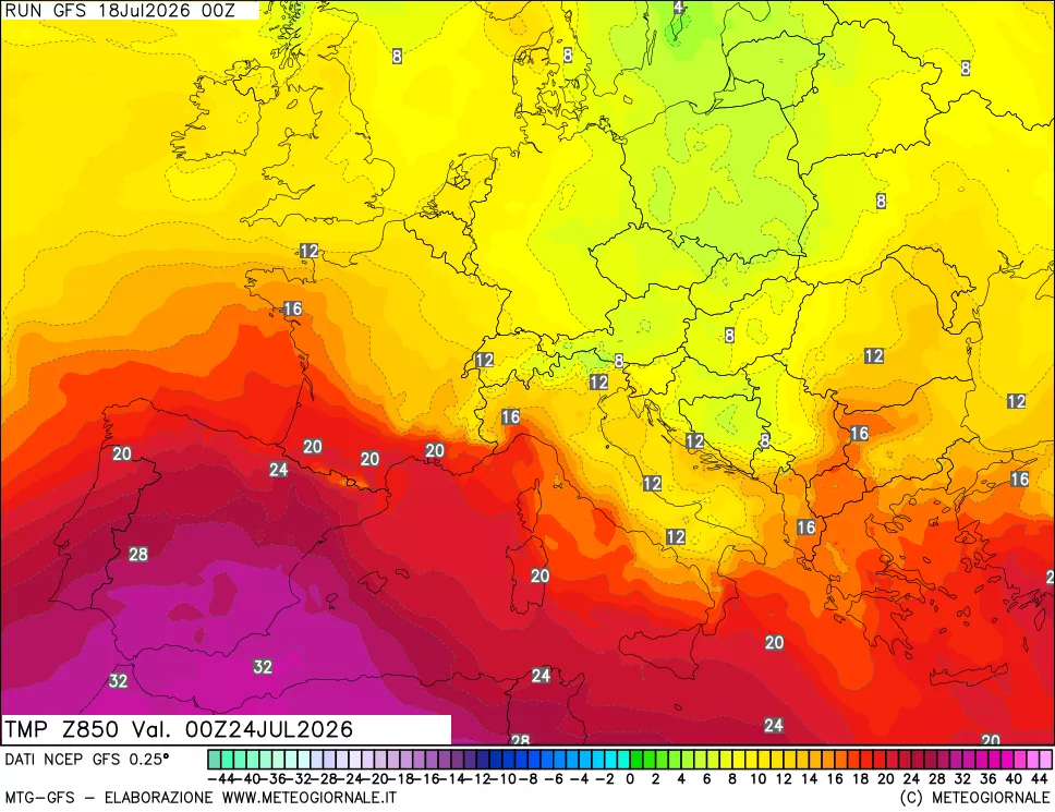 mappa 850 hPa Temp