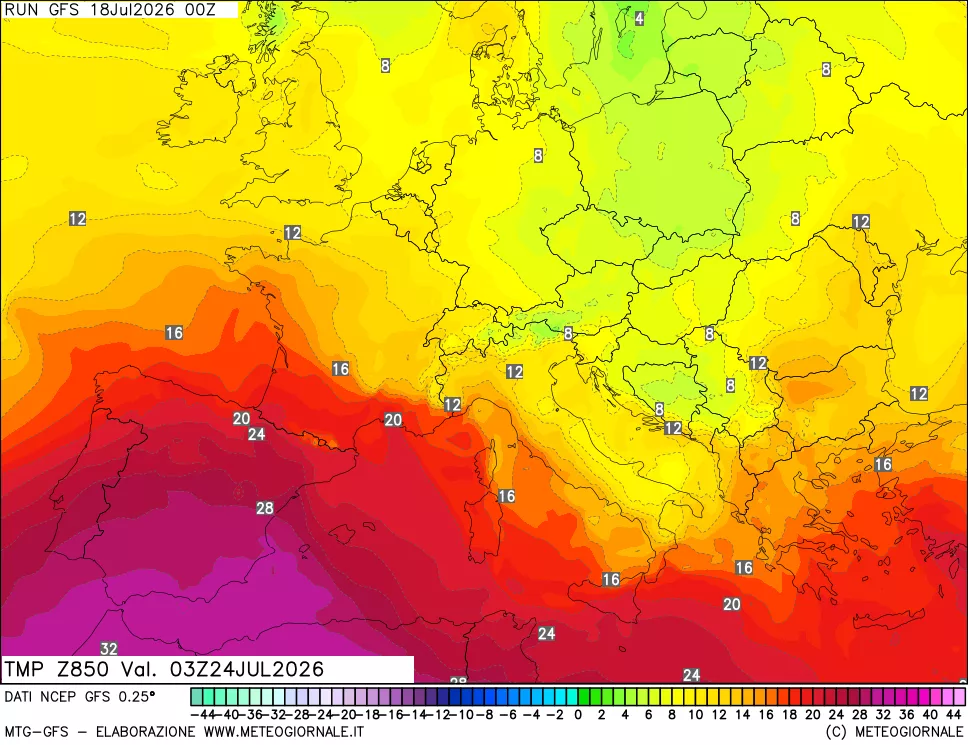 mappa 850 hPa Temp