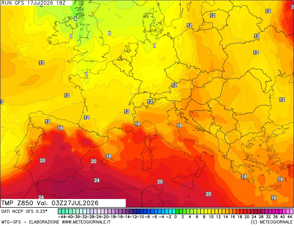 mappa 850 hPa Temp