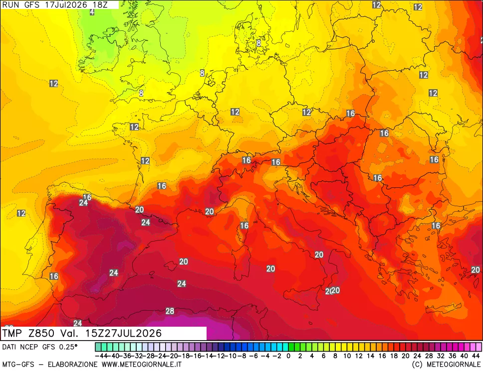 mappa 850 hPa Temp