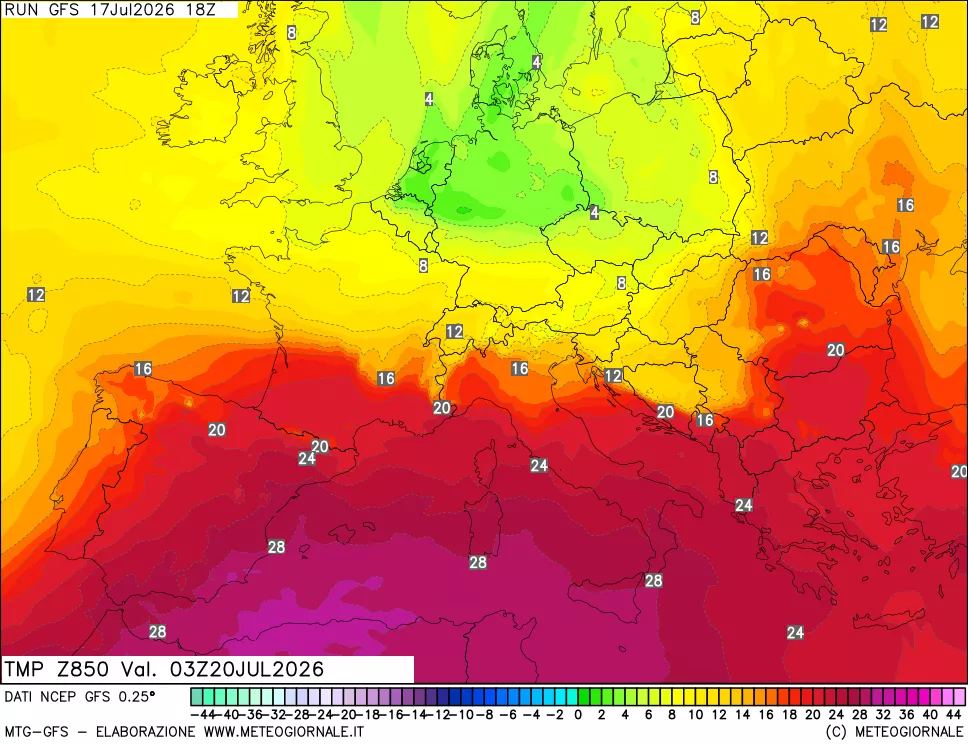 mappa 850 hPa Temp
