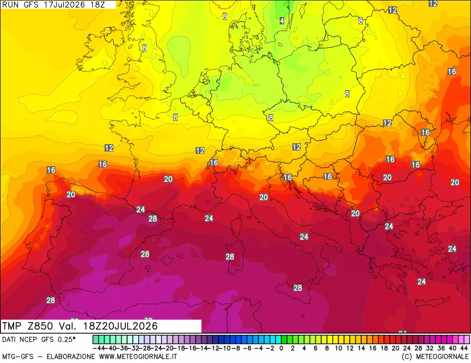 mappa 850 hPa Temp