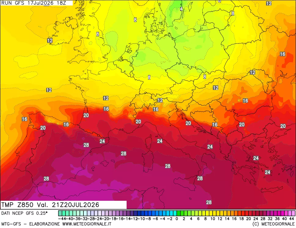 mappa 850 hPa Temp