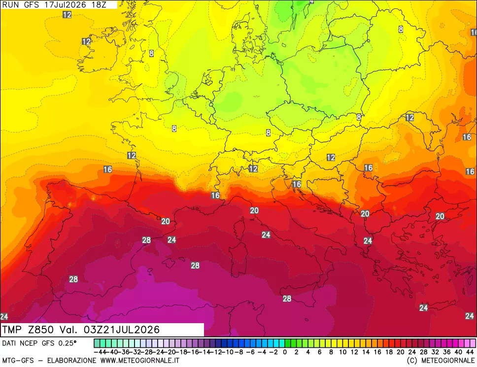 mappa 850 hPa Temp