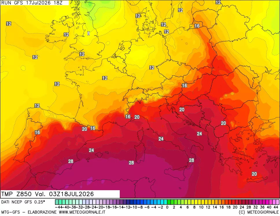 mappa 850 hPa Temp
