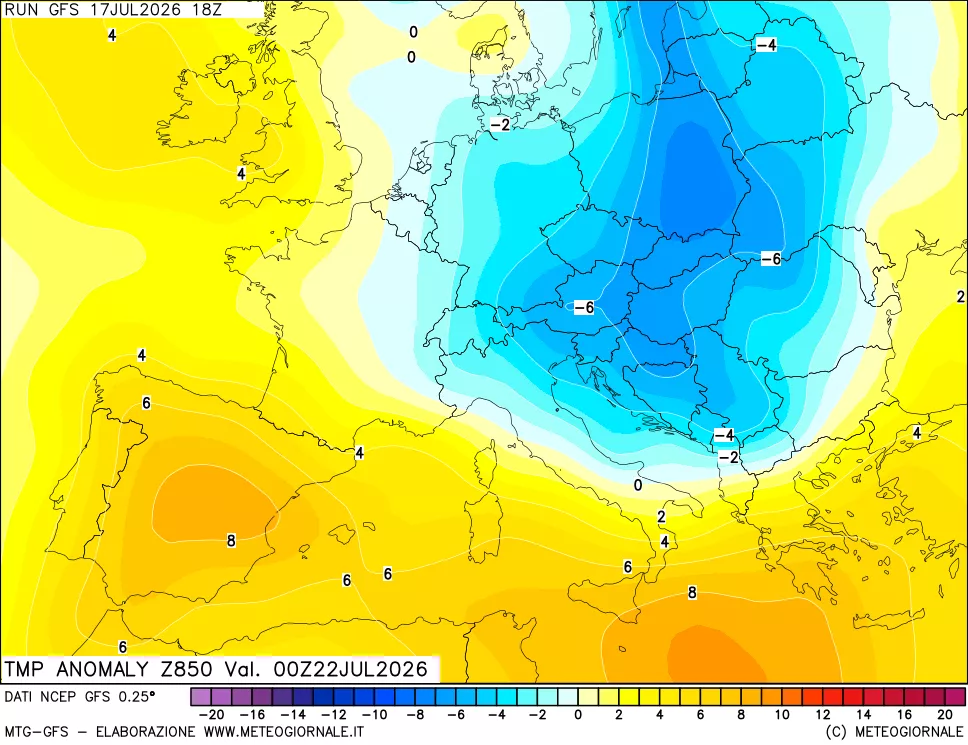 mappa 850 hPa Temp Anomaly vs Cli.No 1981-2010