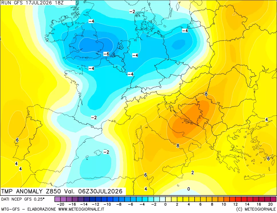 mappa 850 hPa Temp Anomaly vs Cli.No 1981-2010