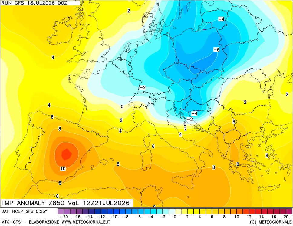 mappa 850 hPa Temp Anomaly vs Cli.No 1981-2010