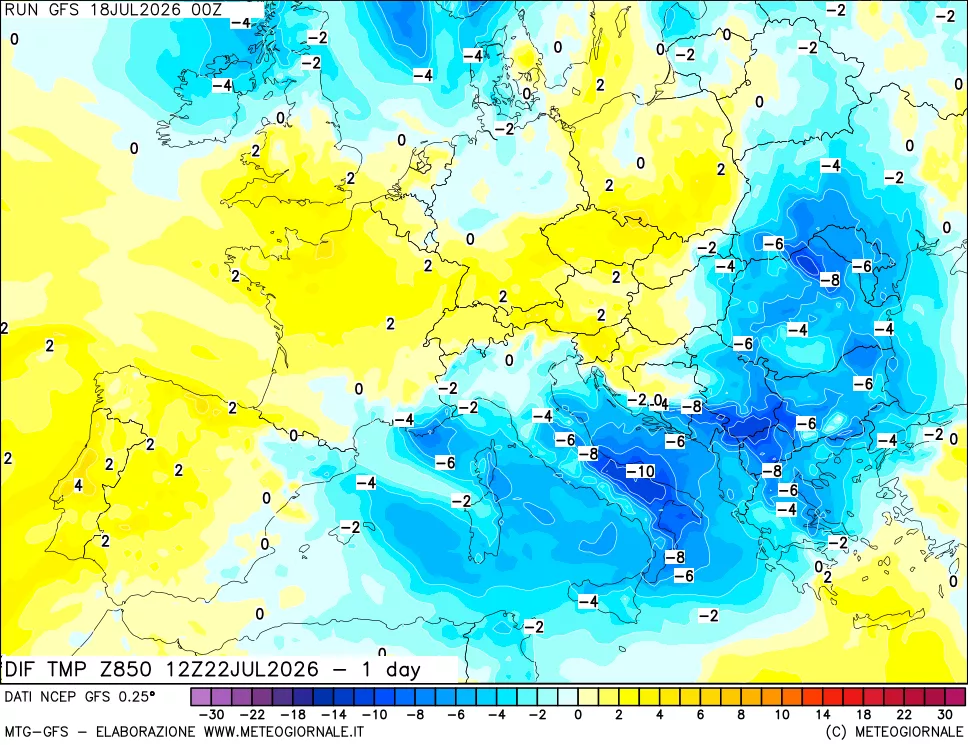 mappa Dif. Temp a 850 hPa Valid - 1 day