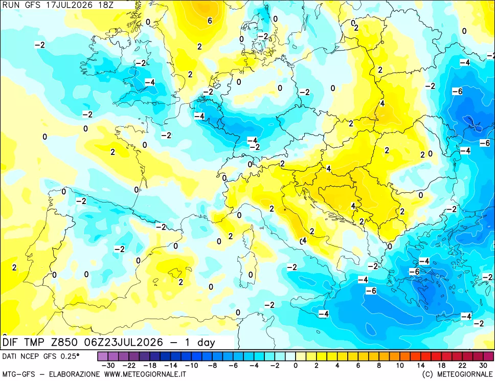 mappa Dif. Temp a 850 hPa Valid - 1 day