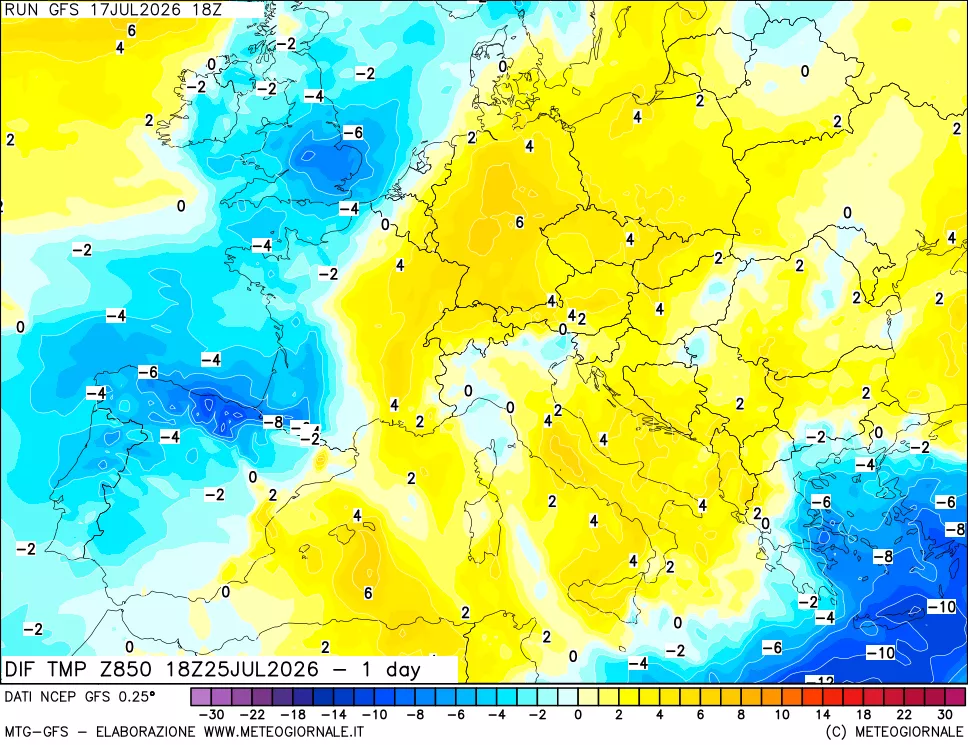 mappa Dif. Temp a 850 hPa Valid - 1 day