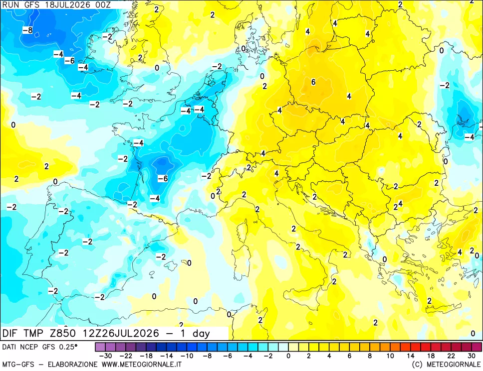 mappa Dif. Temp a 850 hPa Valid - 1 day