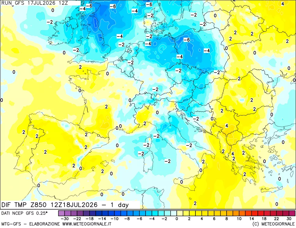 mappa 850 hPA Dif. Temp -24 ore