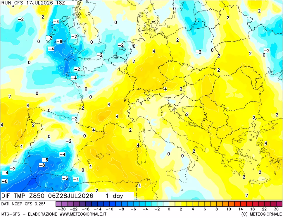 mappa Dif. Temp a 850 hPa Valid - 1 day
