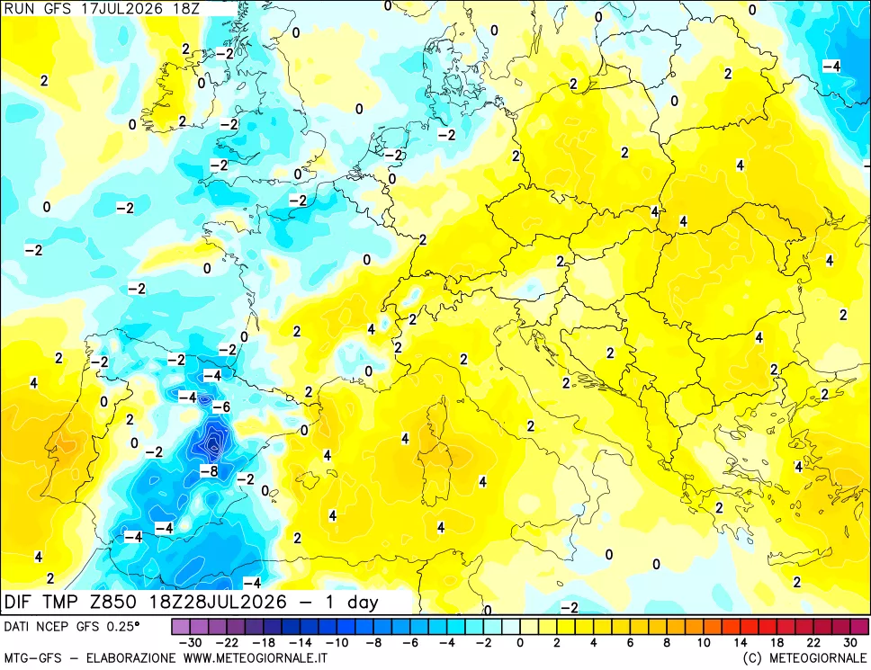 mappa Dif. Temp a 850 hPa Valid - 1 day