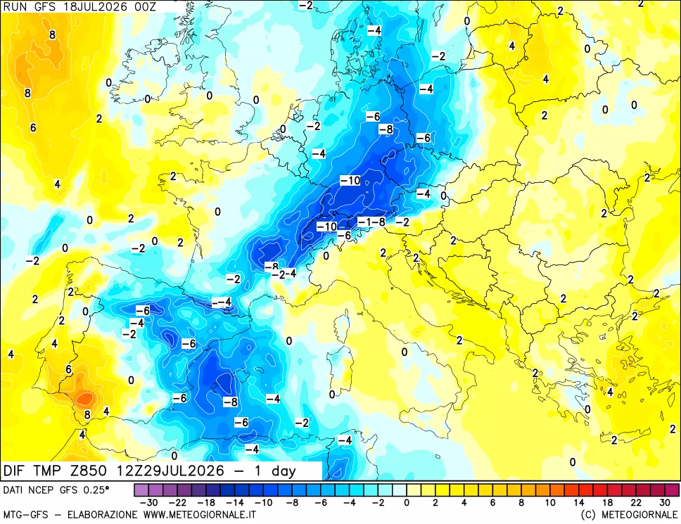 mappa Dif. Temp a 850 hPa Valid - 1 day